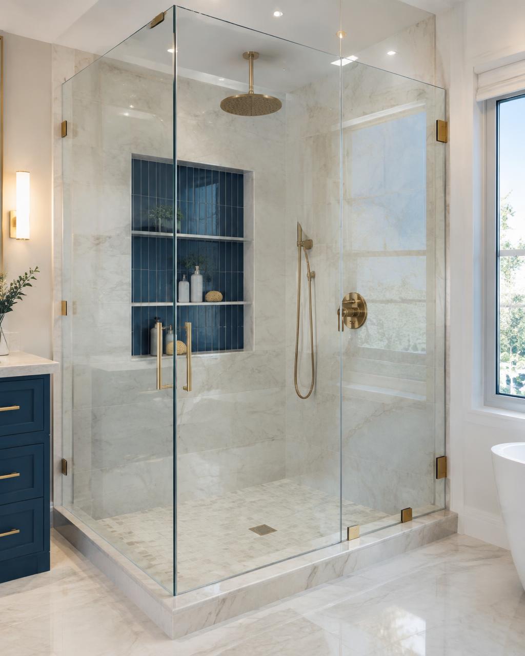 Walk-in shower remodel with navy accent tile and gold fixtures