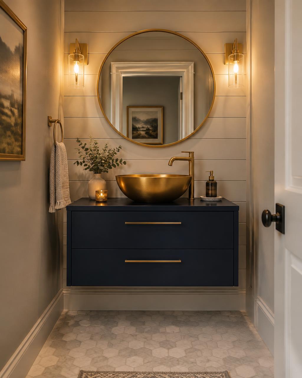 Navy powder room remodel with gold accents