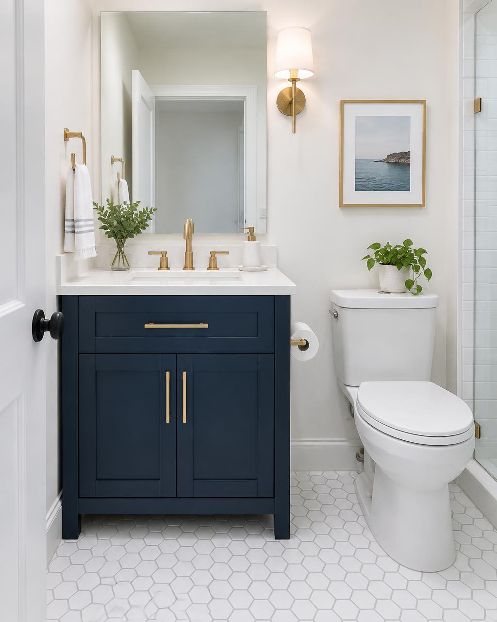Small bathroom remodel with modern vanity and hex tile floor